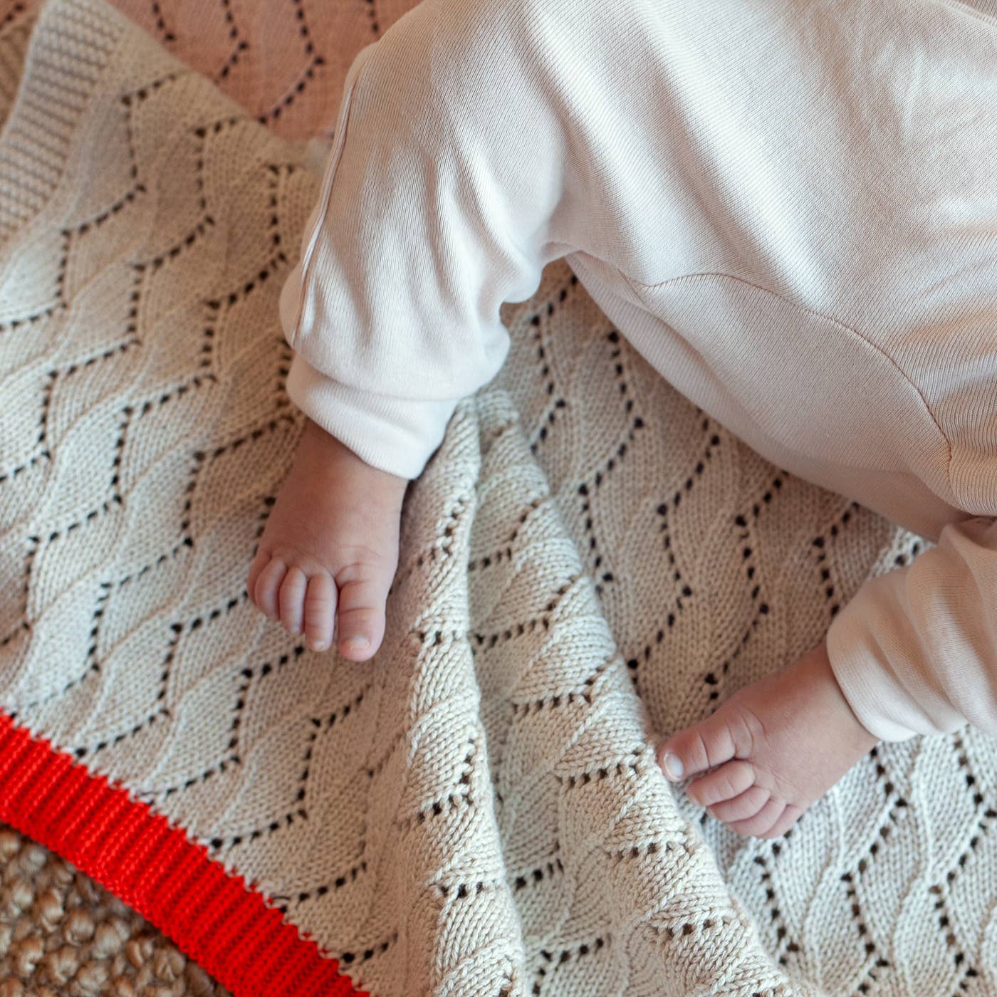 Cotton Knit Baby Blanket - Zigzag Knit: Pink & Cream