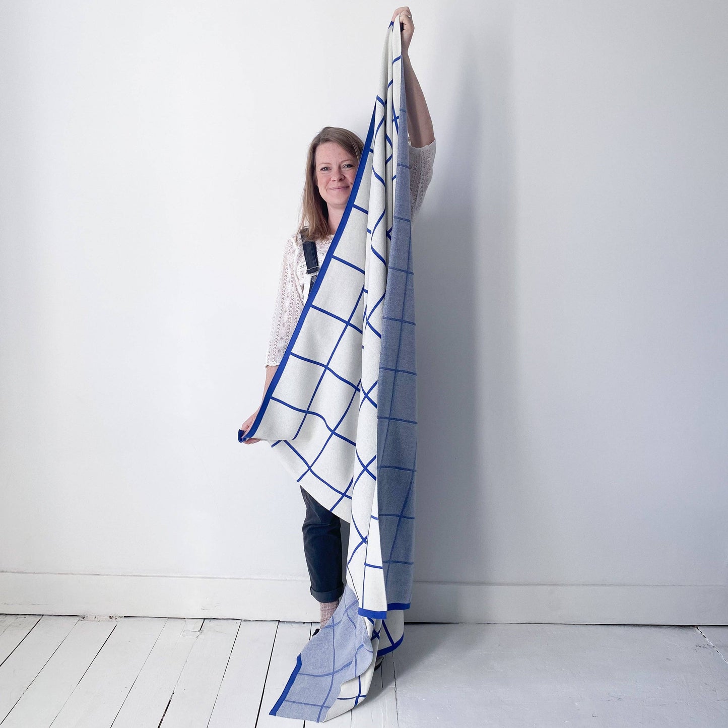 Cotton Knit Throw Blanket - Grid: Cobalt