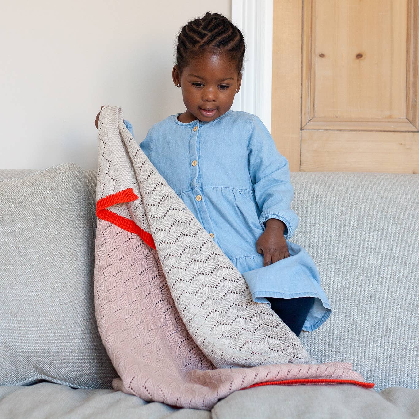 Cotton Knit Baby Blanket - Zigzag Knit: Pink & Cream